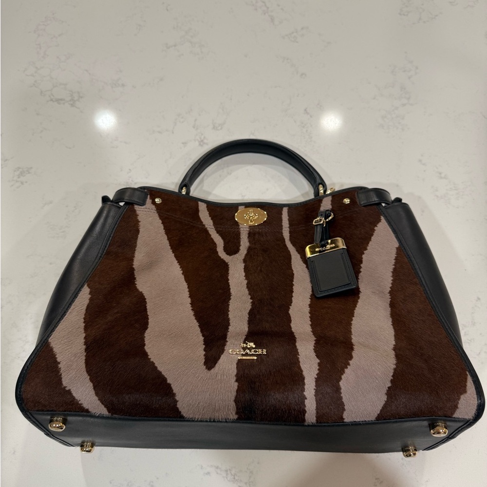Coach Gramercy Leather & Zebra Print Dyed Calf Hair Tote Bag